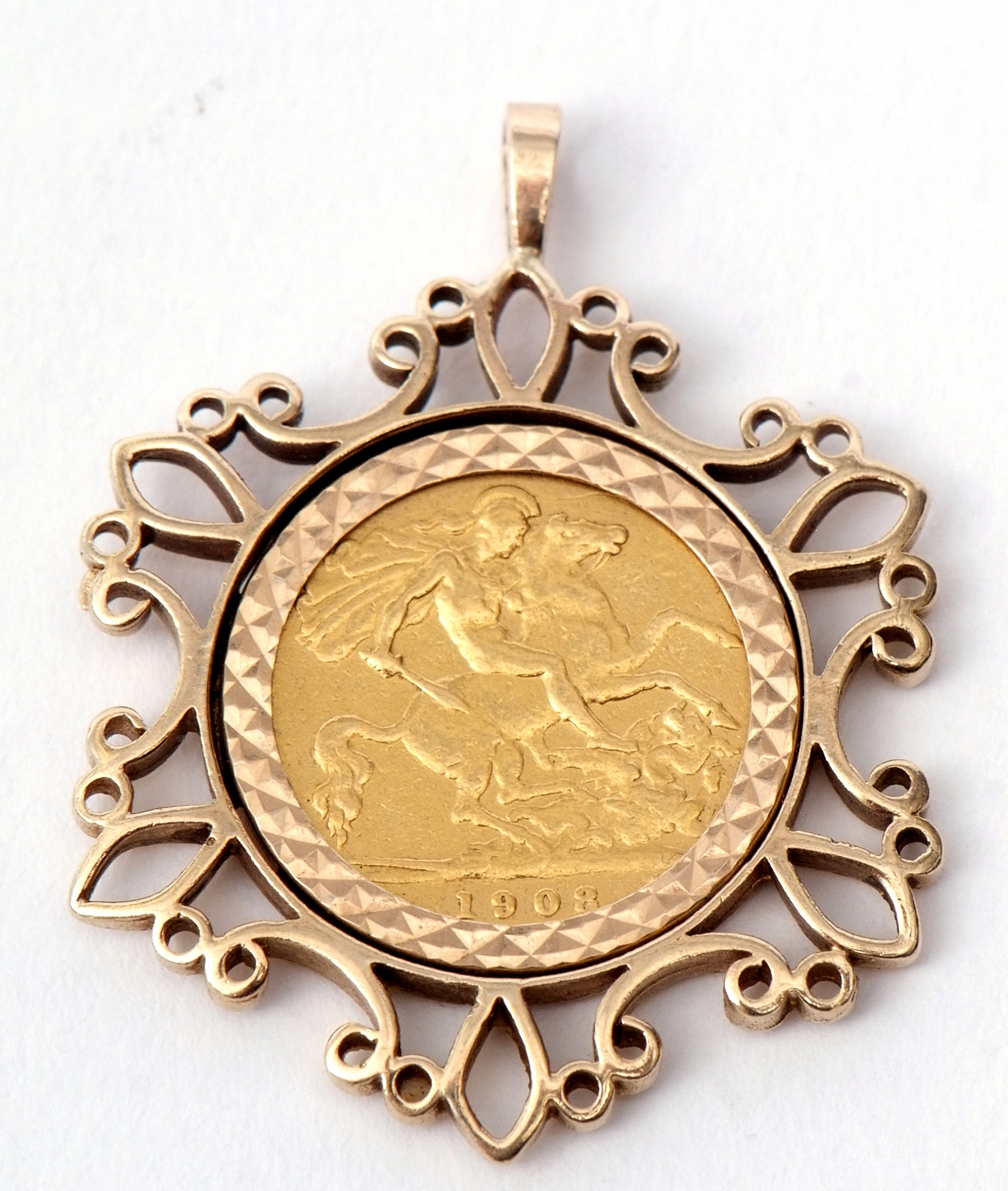 Edward VII gold sovereign dated 1908, mounted in a 9ct gold scroll framed pendant, gross weight 8. - Image 2 of 2