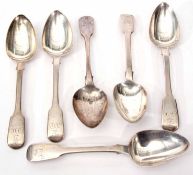 Mixed Lot: comprising five + one Fiddle pattern dessert spoons, all crested and initialled, length