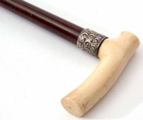 Late Victorian silver mounted ivory and rosewood walking stick, the plain and polished handle to a
