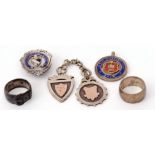 Mixed Lot: hallmarked silver shield and rosette fob, chain connected, both with gold applied centre,