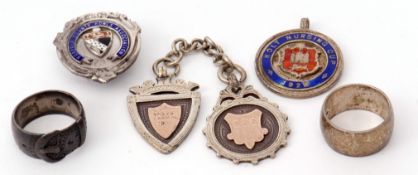 Mixed Lot: hallmarked silver shield and rosette fob, chain connected, both with gold applied centre,