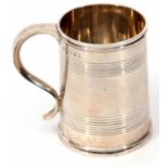 Victorian christening mug of cylindrical form with banded body, applied rim and hollow cast and