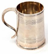 Victorian christening mug of cylindrical form with banded body, applied rim and hollow cast and