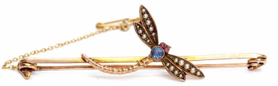 Late 19th century dragonfly brooch, circa 1890, the abdomen set with a circular cut sapphire, the