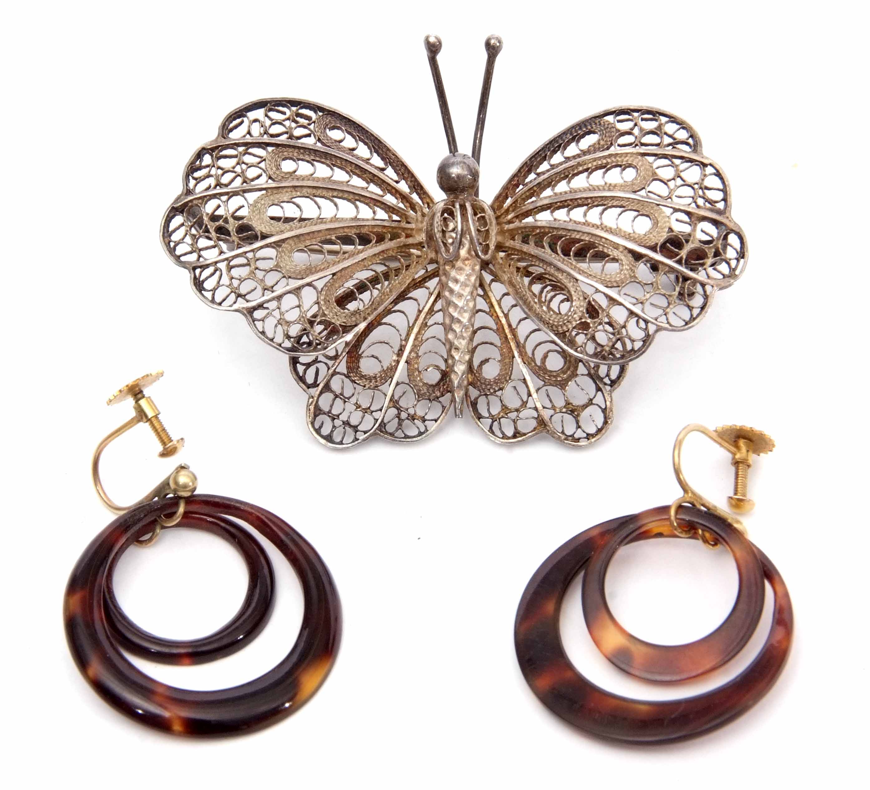 Mixed Lot: to include a pair of antique tortoiseshell earrings with screw fittings stamped 9ct,
