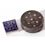 Mixed Lot: comprising a white metal and tortoiseshell pill box (lid stuck fast) of circular form