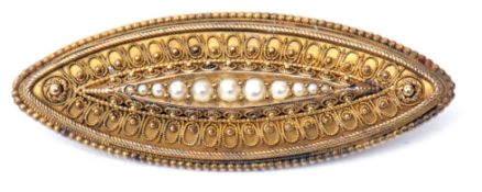 Antique Etruscan lozenge shaped brooch featuring a central row of graduated seed pearls raised in