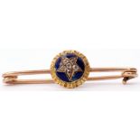 Antique diamond and enamel bar brooch, the applied cabochon centre with blue enamel ground