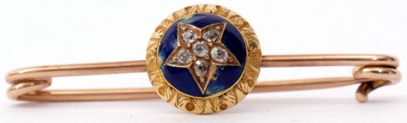 Antique diamond and enamel bar brooch, the applied cabochon centre with blue enamel ground