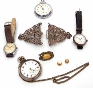 Mixed Lot: comprising a silver cased open face keyless pocket watch together with a further base