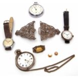 Mixed Lot: comprising a silver cased open face keyless pocket watch together with a further base