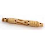 Late 19th/early 20th century carved bone needle case of pierced cylindrical form with fixed end with