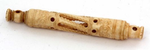 Late 19th/early 20th century carved bone needle case of pierced cylindrical form with fixed end with