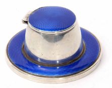 George V silver and guilloche enamelled desk inkwell of circular form with engine turned base and