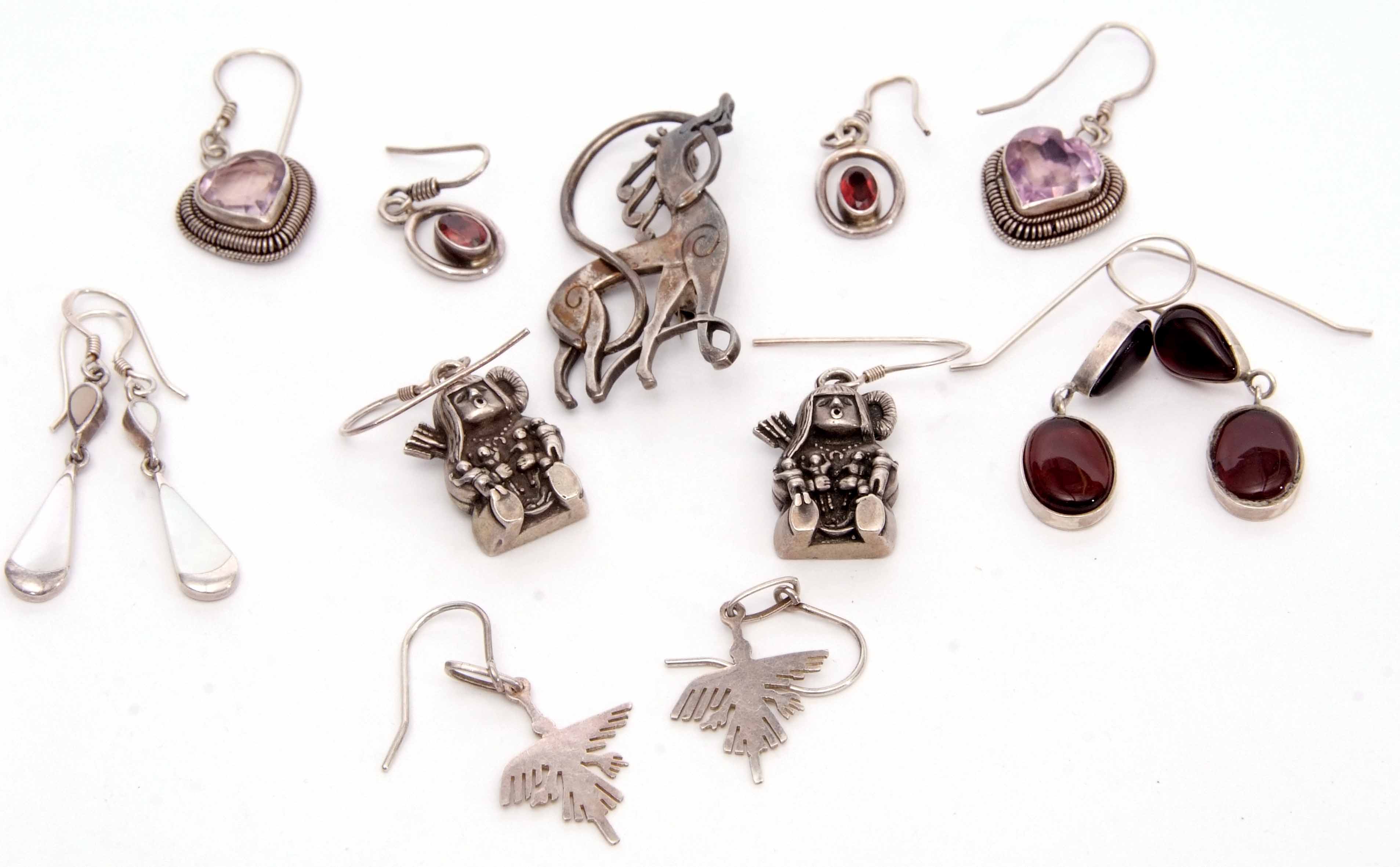 Mixed Lot: six pairs of white metal 925 stamped earrings, together with a hallmarked silver horse