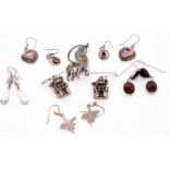 Mixed Lot: six pairs of white metal 925 stamped earrings, together with a hallmarked silver horse