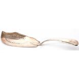 George IV Fiddle pattern fish slice with pierced and engraved blade and initialled handle, length