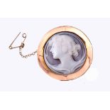 Art Nouveau carved shell cameo brooch, a profile of a young lady framed in a yellow metal circular