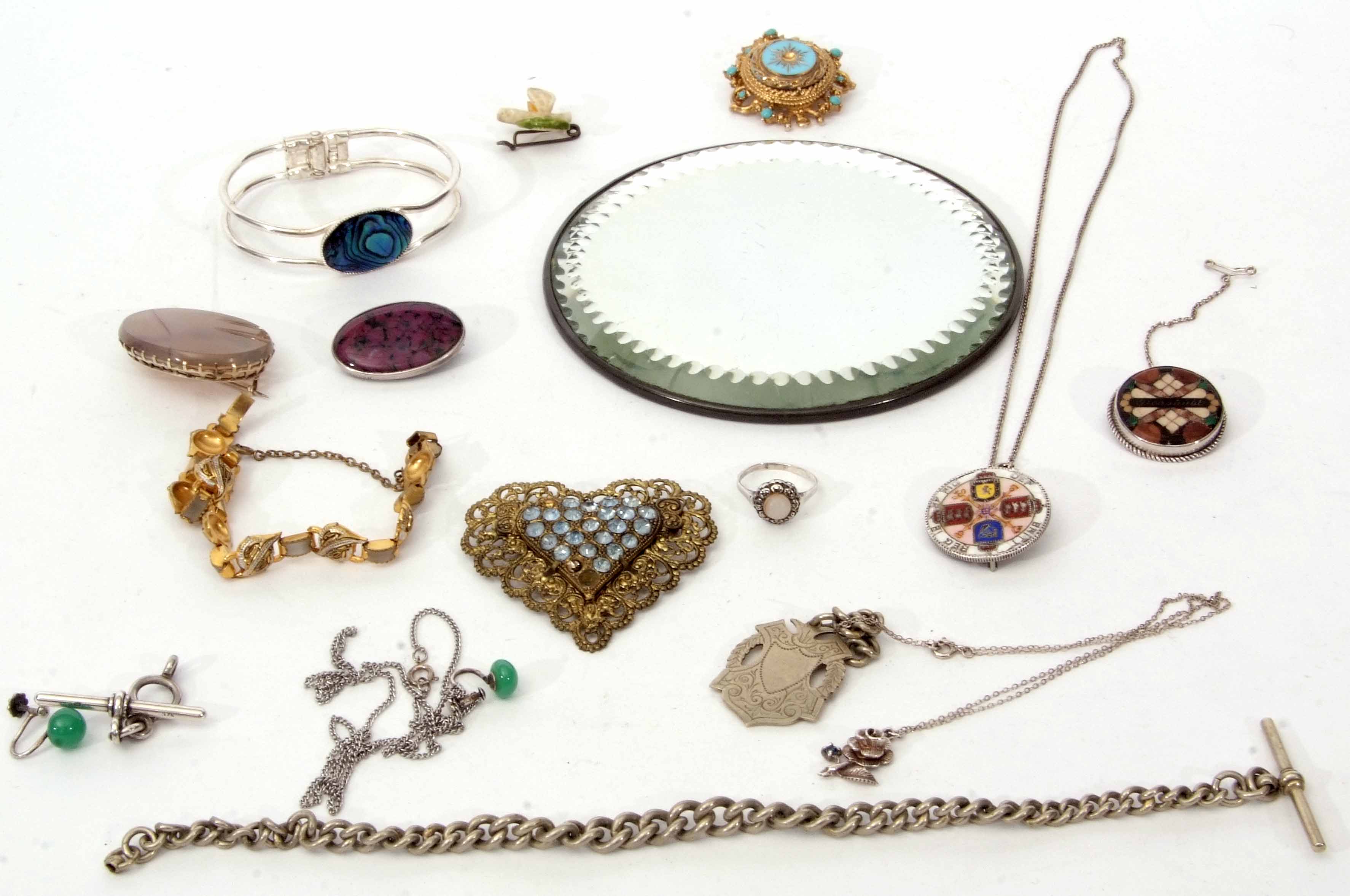 Mixed Lot: micro-mosaic circular brooch, agate brooch, enamelled coin brooch, various bracelets,