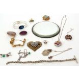 Mixed Lot: micro-mosaic circular brooch, agate brooch, enamelled coin brooch, various bracelets,