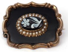 Victorian gold filled mourning brooch, the centre with a carved sardonyx forget me not, framed