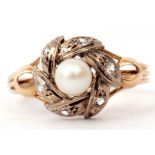 Pearl and diamond cluster ring, the central cultured pearl raised within a pierced diamond set