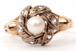 Pearl and diamond cluster ring, the central cultured pearl raised within a pierced diamond set