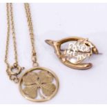 Mixed Lot: yellow metal four leaf clover open work pendant and chain, stamped with a French eagle