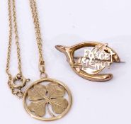 Mixed Lot: yellow metal four leaf clover open work pendant and chain, stamped with a French eagle