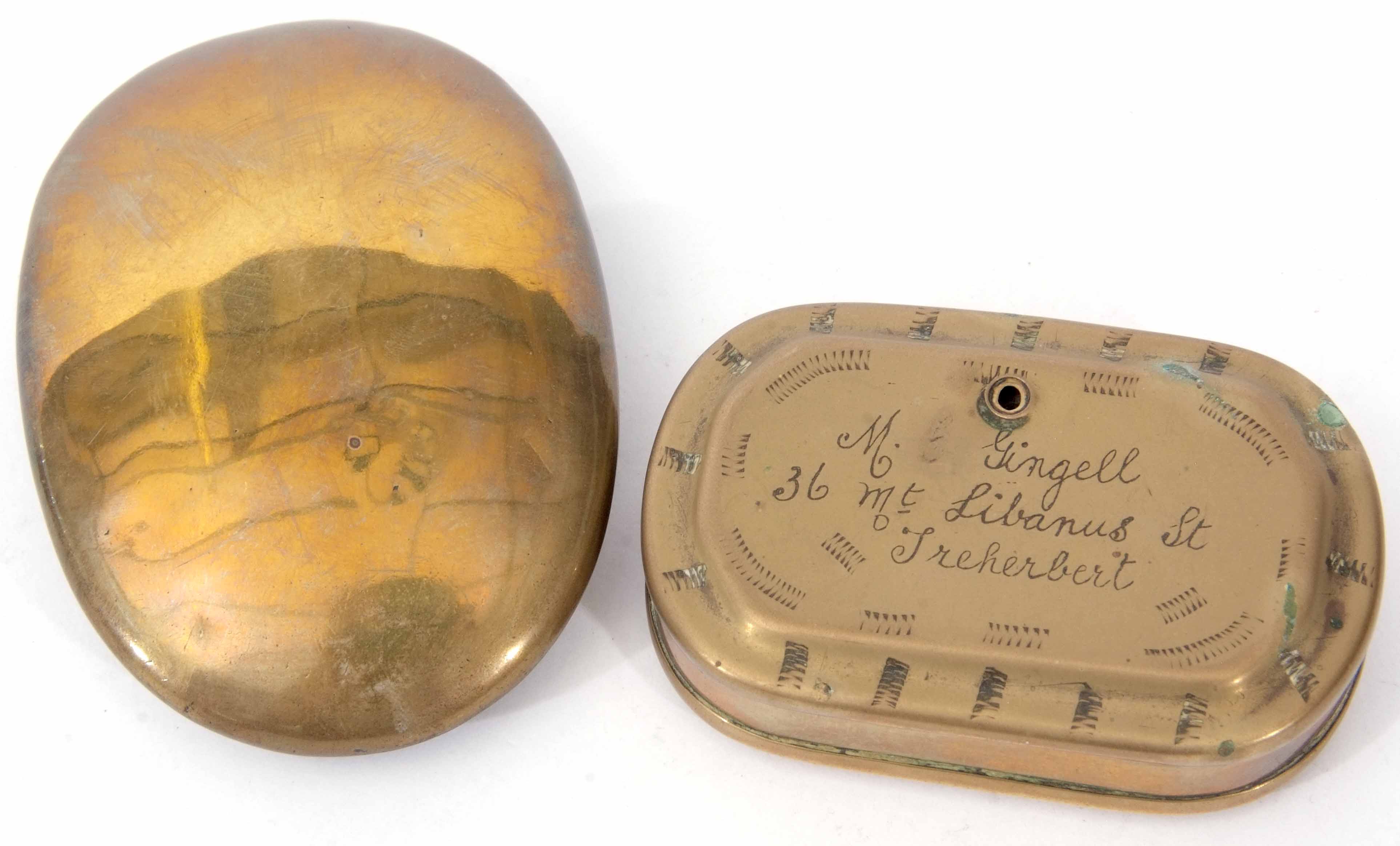 Mixed Lot: comprising 19th century tin lined brass snuff box of oval form with hinged cover and