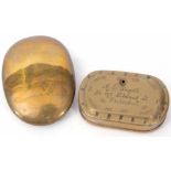 Mixed Lot: comprising 19th century tin lined brass snuff box of oval form with hinged cover and