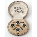 Early 20th century cased set of three unmarked white metal and enamelled waistcoat buttons with