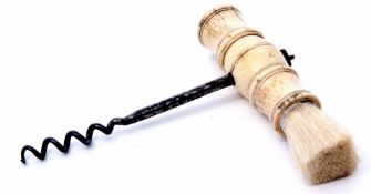 Late 19th century bone handled corkscrew the baluster turned handle fitted with a bristle brush