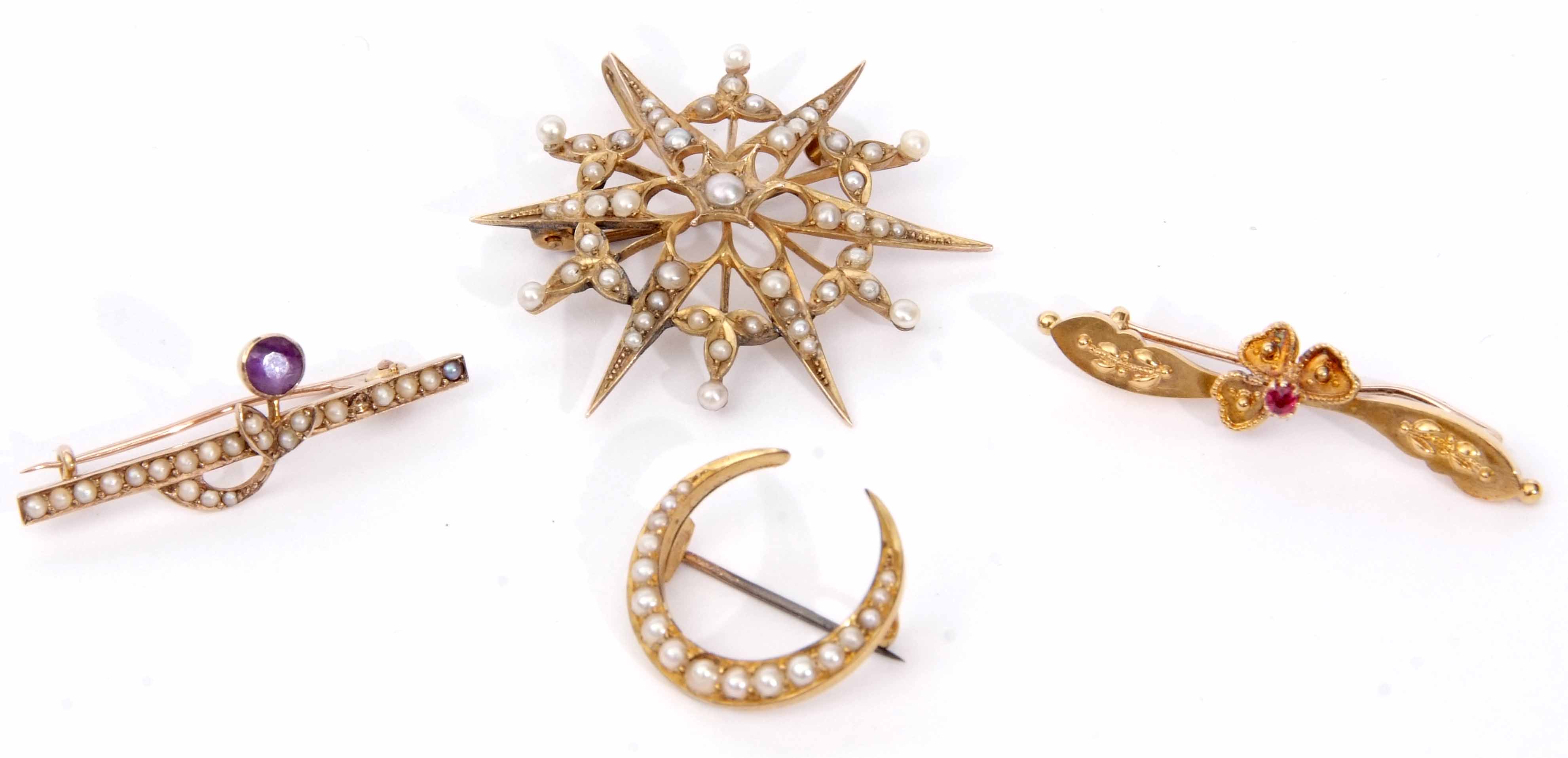 Mixed Lot: antique starburst brooch, seed pearl set (a/f), a small crescent brooch featuring