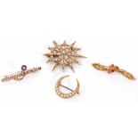 Mixed Lot: antique starburst brooch, seed pearl set (a/f), a small crescent brooch featuring