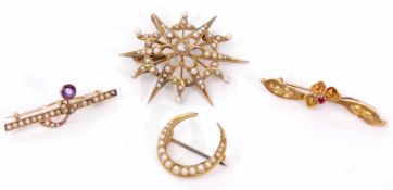 Mixed Lot: antique starburst brooch, seed pearl set (a/f), a small crescent brooch featuring