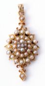 Victorian pearl and diamond pendant, the central oval panel set with graduated seed pearls and