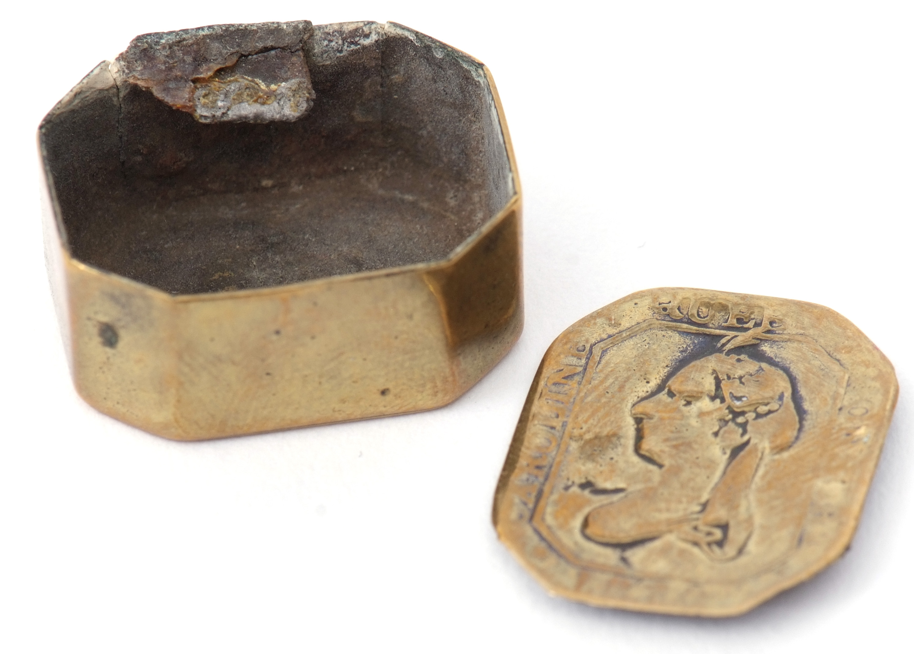 Early 19th century tinned brass pill box of hinged rectangular form with canted corners (hinge a/f), - Image 2 of 2