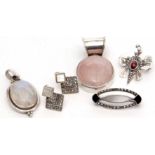 Mixed Lot: white metal jewellery to include two pendants, a marcasite brooch, a moth brooch,