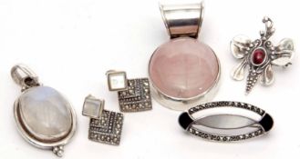 Mixed Lot: white metal jewellery to include two pendants, a marcasite brooch, a moth brooch,