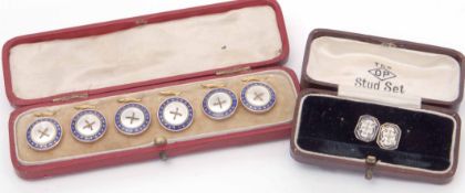 Mixed Lot: set of six antique mother of pearl and enamel gent's dress shirt studs (cased),