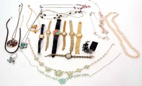 Four boxes of costume jewellery and ladies wristwatches to include necklaces, faux pearls etc