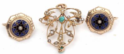 Mixed Lot: 9ct stamped open work pendant having a central turquoise cabochon and matching dropper,