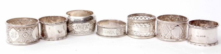 Mixed Lot: comprising seven various cylindrical napkin rings (conditions vary throughout),