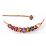 Edwardian gemstone acrostic crescent brooch, multi-gem set, 9 varied size and cut gemstones, 5cm