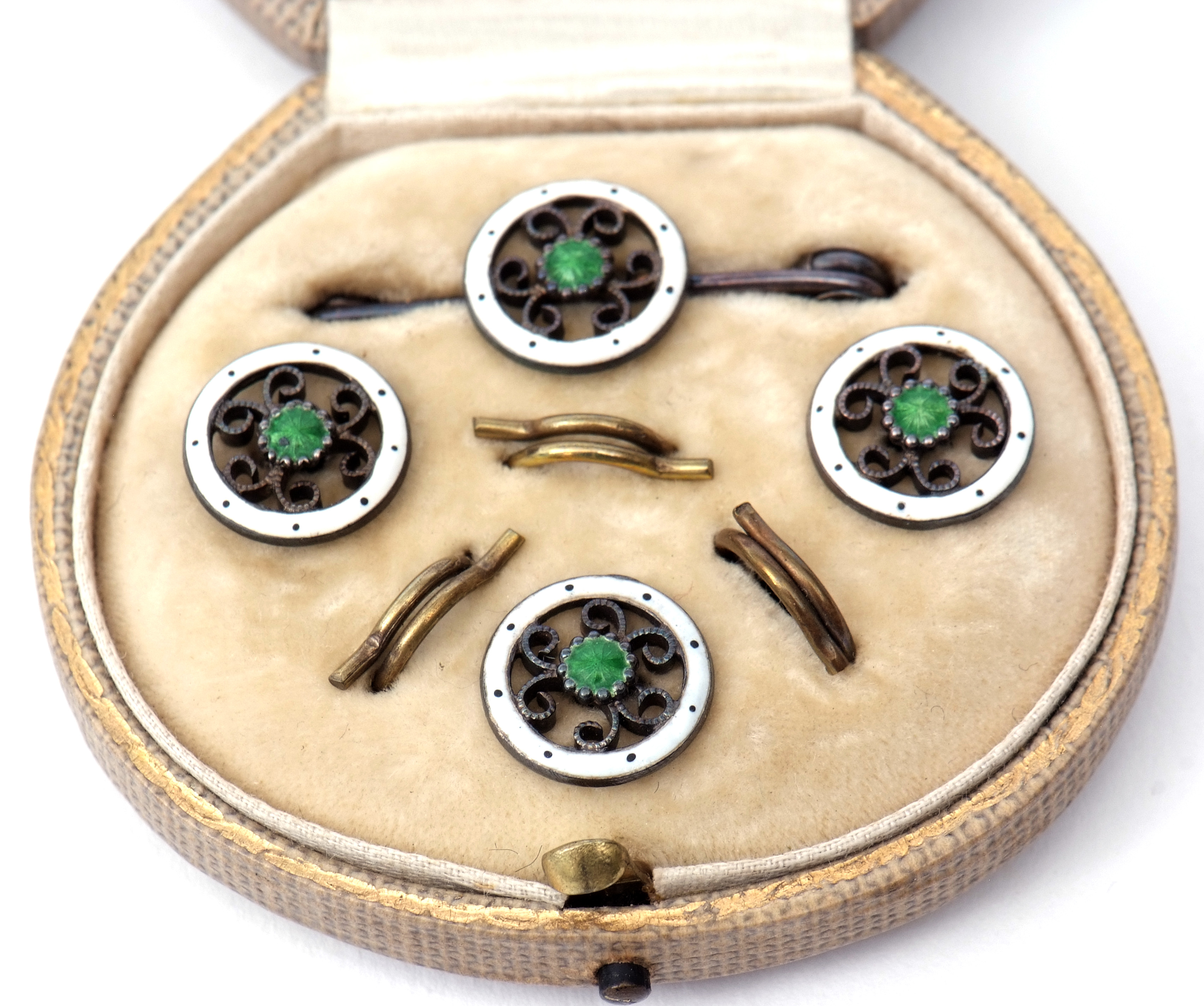Early 20th century cased set of three unmarked white metal and enamelled waistcoat buttons with - Image 2 of 3