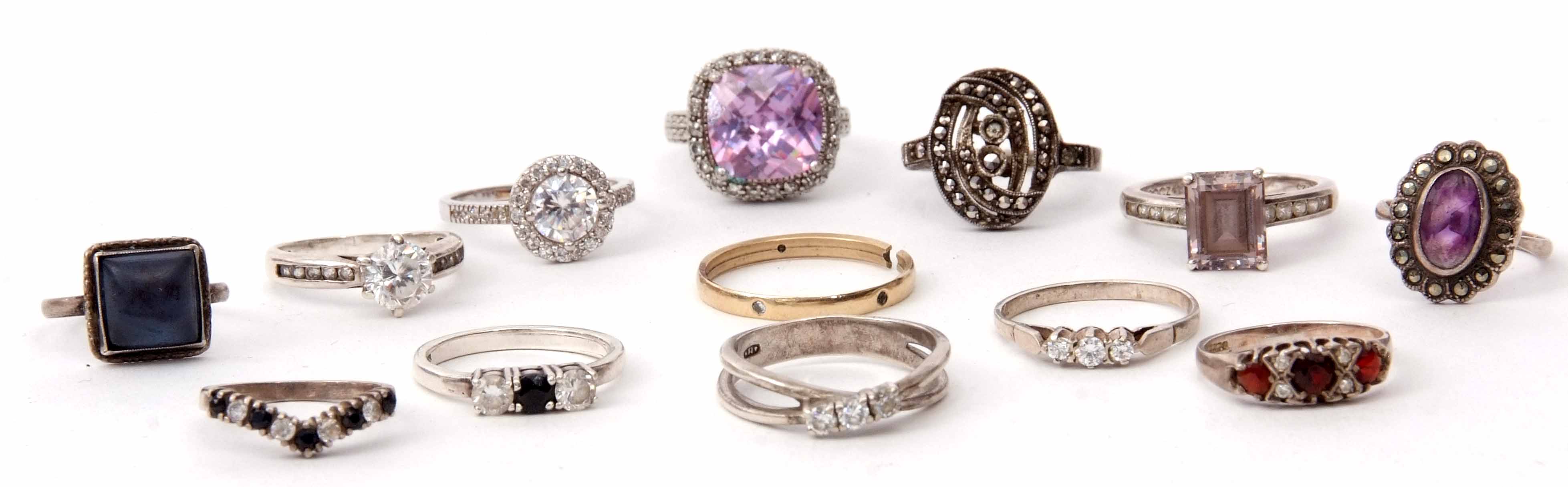 Mixed Lot: 11 white metal dress rings, stamped 925 or silver, marcasite, cubic zirconia and paste