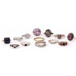 Mixed Lot: 11 white metal dress rings, stamped 925 or silver, marcasite, cubic zirconia and paste