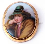 Antique hand painted porcelain brooch of oval shape, a three quarter length pose of a young lady