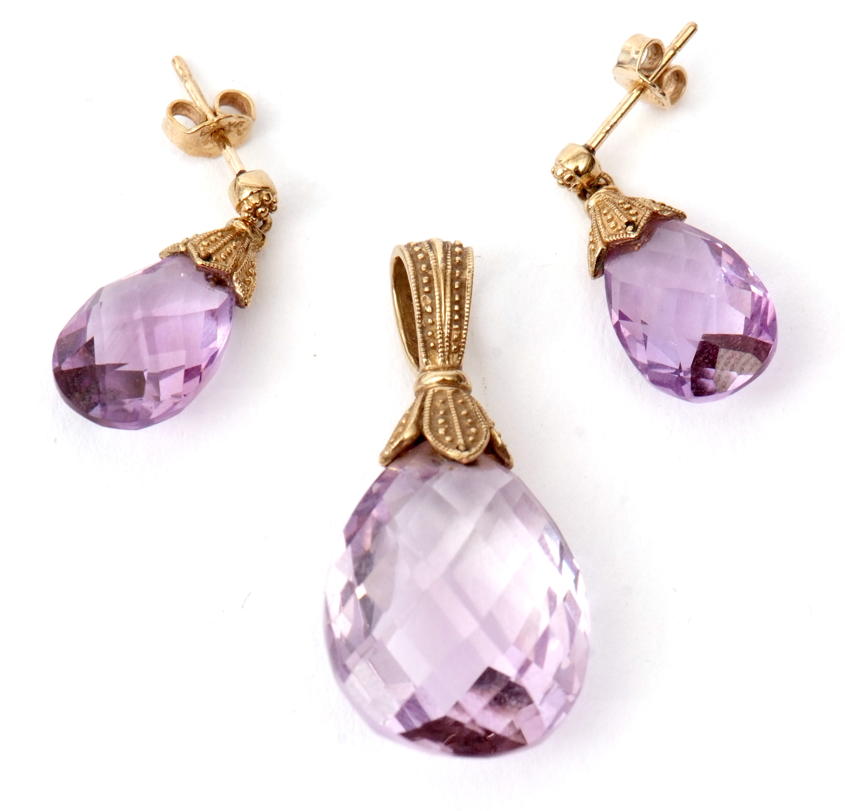 Mixed Lot: 9ct gold pear shaped and purple crystal faceted pendant, together with matching